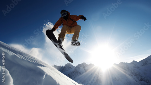 Snowboarder in an extreme jump descends from ski mountain. AI generated. © Serhii