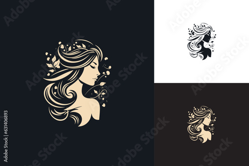 Woman Headshot with Curly Hair and Floral Elements  Vector Logo Design for Women s Fashion Clothing