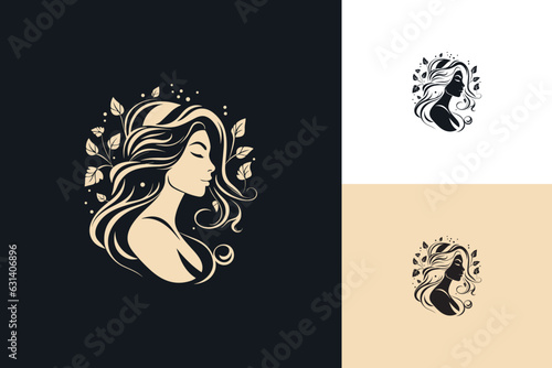 Woman Headshot with Curly Hair and Floral Elements: Vector Logo Design for Women's Fashion Clothing