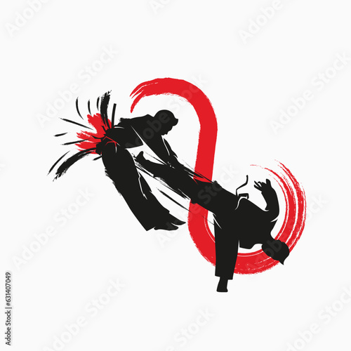vector silhouette of two martial arts masters fighting with an infinity loop symbol behind them. Can be used in posters or t-shirts and printed as stickers. character kicking from below, man flying