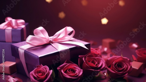 Valentines Day. Pink petals  rose  gift on dark purple bokeh background.