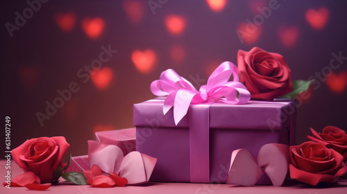 Valentines Day. Pink petals  rose  gift on dark purple bokeh background.