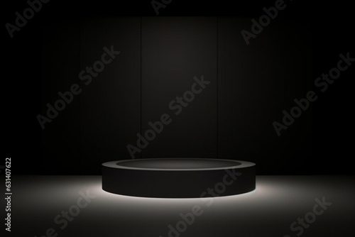 Dark black stage podium 3d background product platform of empty scene presentation pedestal minimal showcase stand or abstract light show blank display and neon spotlight showroom on luxury backdrop