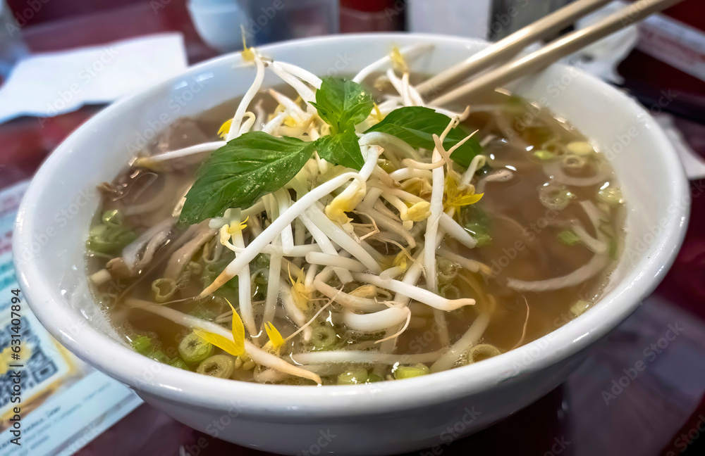 Pho a Vietnamese soup dish consisting of broth, rice noodles, herbs, and meat. A popular food in Vietnam where it is served in households, street-stalls, and restaurants country-wide. Pho a Vietnamese soup dish consisting of broth, rice noodles, herbs, and meat. A popular food in Vietnam where it is served in households, street-stalls, and restaurants country-wide.