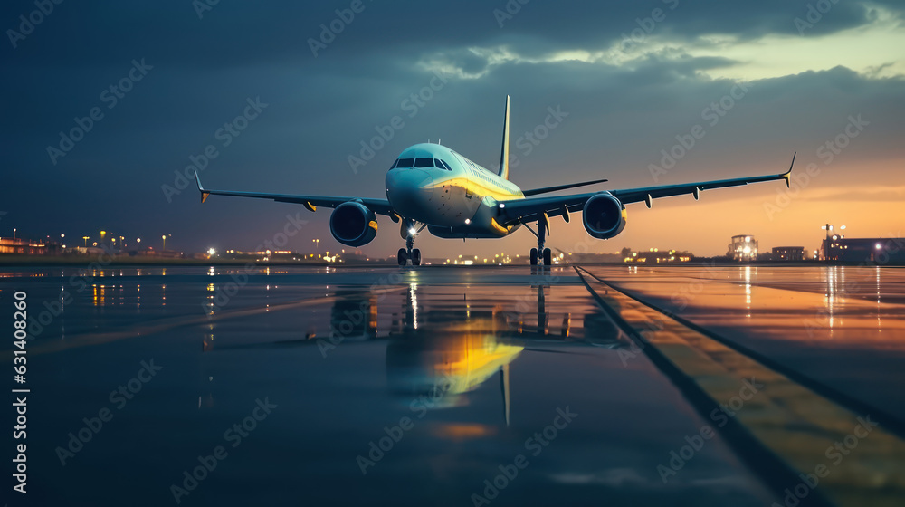 An airplane prepares for departure at the airport at sunset An airplane prepares for departure at the airport at sunset