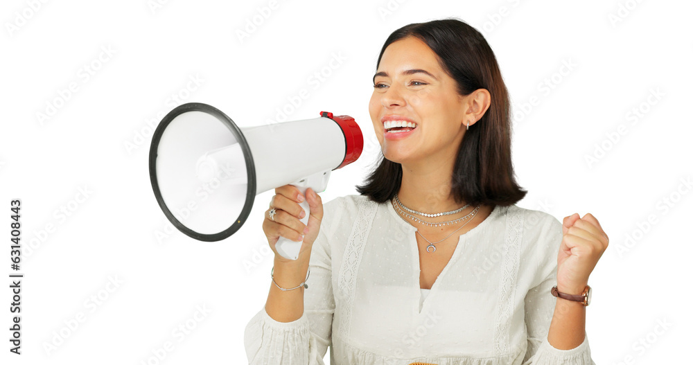 Woman, megaphone and advertising happy announcement for freedom of speech, breaking news or isolated on transparent png background. Model voice, audio loudspeaker and broadcast opinion for attention Woman, megaphone and advertising happy announcement for freedom of speech, breaking news or isolated on transparent png background. Model voice, audio loudspeaker and broadcast opinion for attention