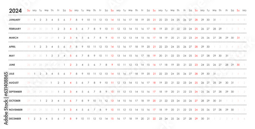 Linear calendar for 2024. Horizontal, week starts on Sunday, black and white, English.
