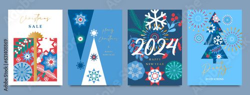 A set of festive templates with a bright design. Christmas trees, fireworks, gift. Sale, Merry Christmas and Happy New Year greetings, party invitation, holiday cover, flyer, leaflet.