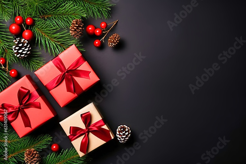 Gift boxes and Christmas decorations on a dark background. Christmas tree branches and cones. Festive frame for a greeting card. Space for copy.