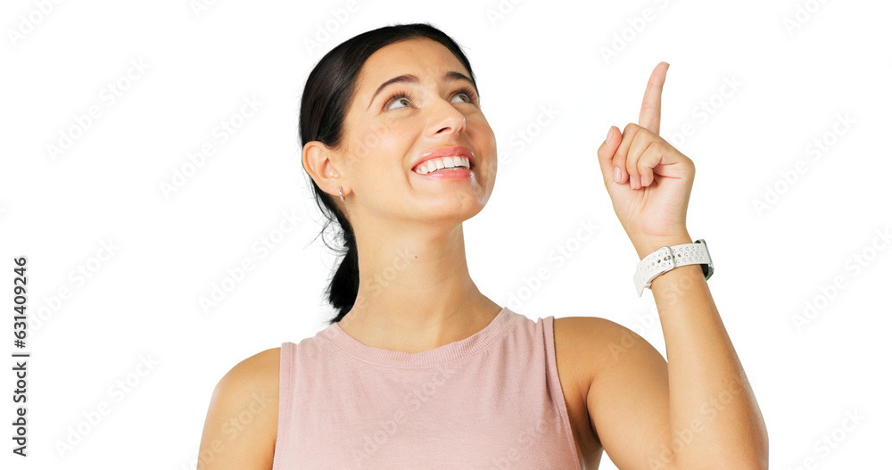 Happy woman, fitness or pointing up to show promotion offer, marketing or sale announcement info. News, smile or personal trainer advertising a commercial deal isolated on transparent png background Happy woman, fitness or pointing up to show promotion offer, marketing or sale announcement info. News, smile or personal trainer advertising a commercial deal isolated on transparent png background