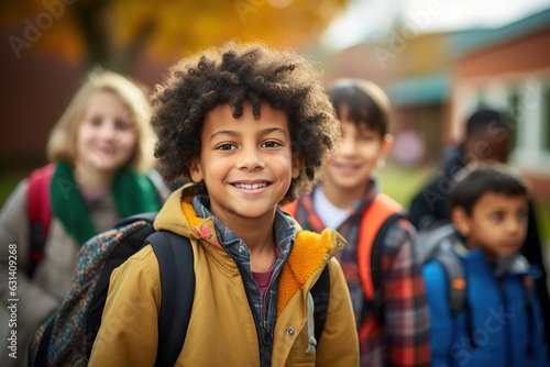 Vibrant back-to-school joy: Little boy's beaming smile leads a lively group © GG