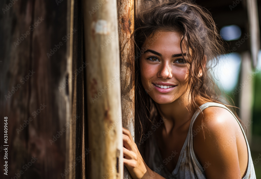 Young woman leaning against a pole in her farm. Generative AI. Young woman leaning against a pole in her farm. Generative AI.