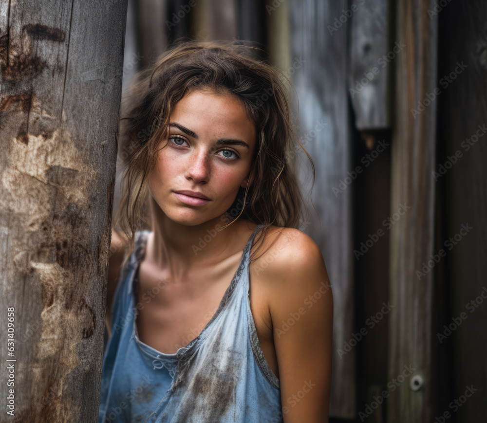 Fototapeta premium Young woman leaning against a pole in her farm. Generative AI.