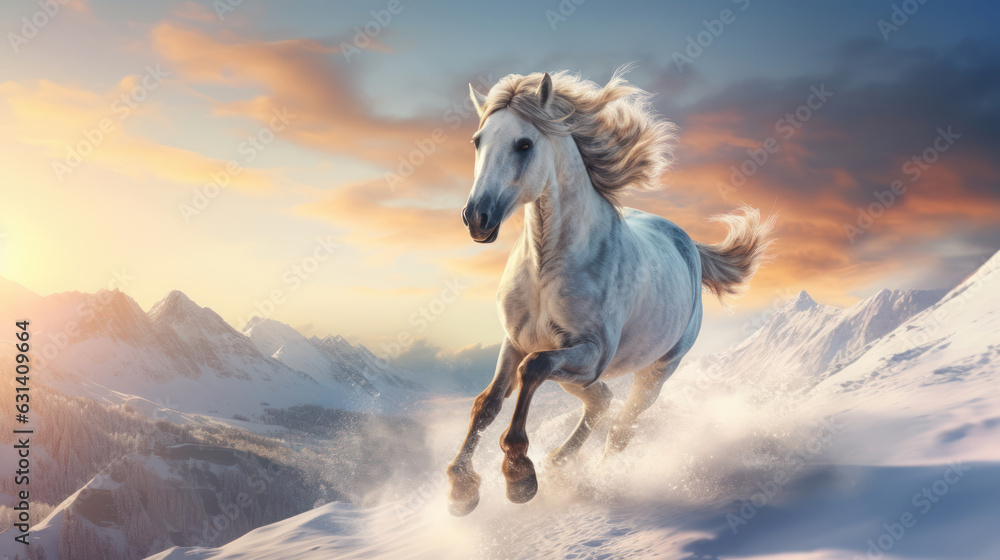 A horse running through a winter landscape against a backdrop of mountains