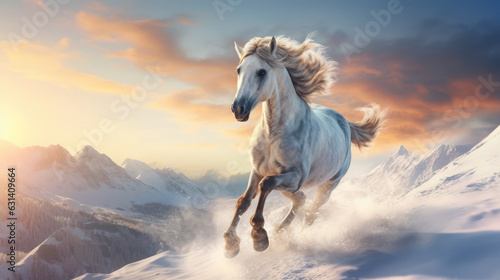 A horse running through a winter landscape against a backdrop of mountains © red_orange_stock
