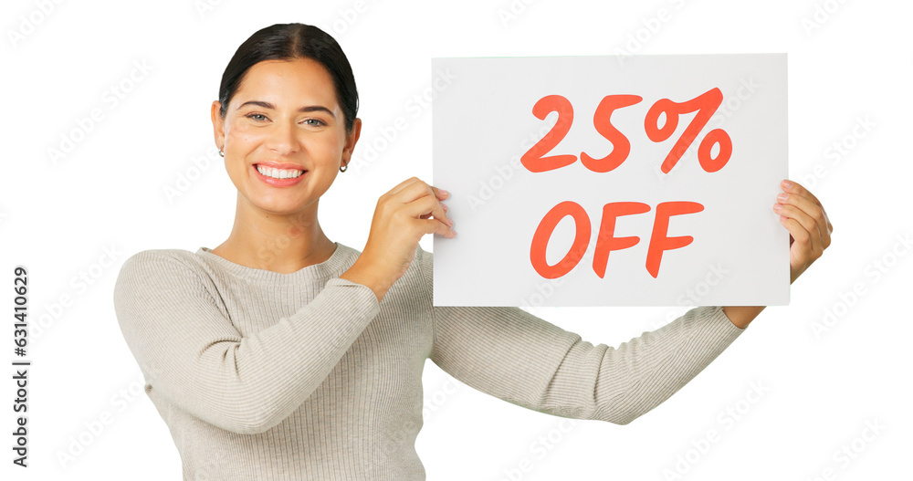 Discount poster, happy portrait and woman advertising sales, retail promotion or shopping commercial. Customer presentation sign, 25 percent and female brand ambassador on transparent, png background Discount poster, happy portrait and woman advertising sales, retail promotion or shopping commercial. Customer presentation sign, 25 percent and female brand ambassador on transparent, png background