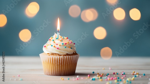 Delicious birthday cupcake on table on light background