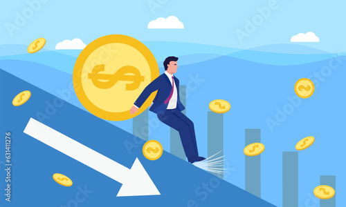 Investing, man stops gold coins from falling, falling income