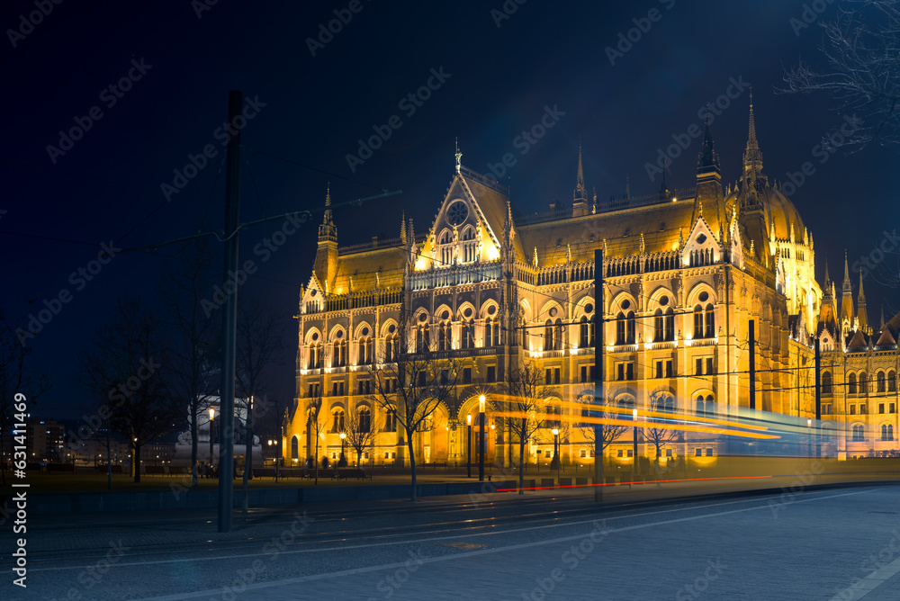 Side view of Hungarian Parliament at night