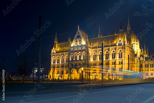 Side view of Hungarian Parliament at night