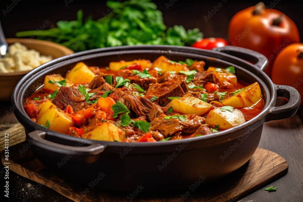 Delicious stew with potatoes, tomatoes, beef, onions and carrots