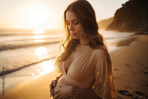 Pregnant woman hugging her belly at the beach, sunset, AI generated