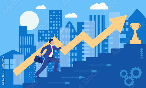 Business goals, businessmen climbing up the steps to compete for the championship