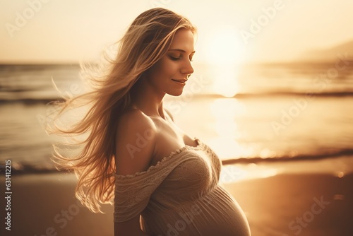 Happy pregnant woman hugging her belly at the beach, sunset, AI generated © Nattawat