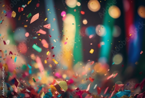 Colorful confetti in front of colorful background with Bokeh. Generative AI