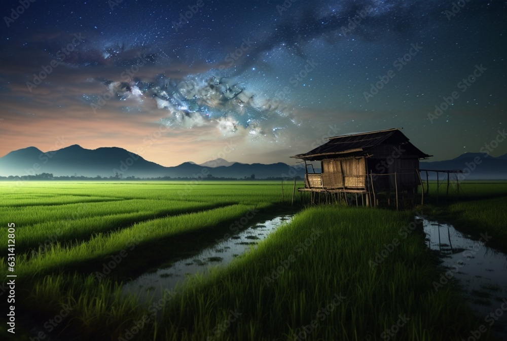 landscape view of a hut in the middle of a rice field with a milky way. long exposure photography. generative ai landscape view of a hut in the middle of a rice field with a milky way. long exposure photography. generative ai