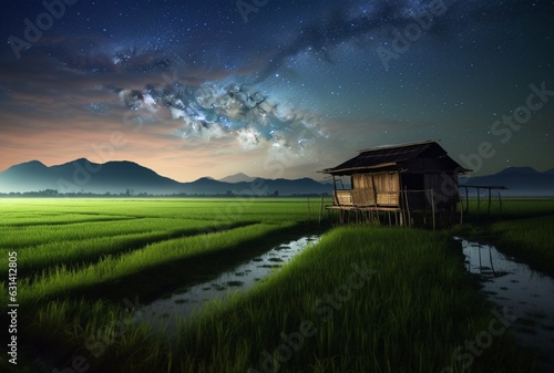 landscape view of a hut in the middle of a rice field with a milky way. long exposure photography. generative ai © LivroomStudio