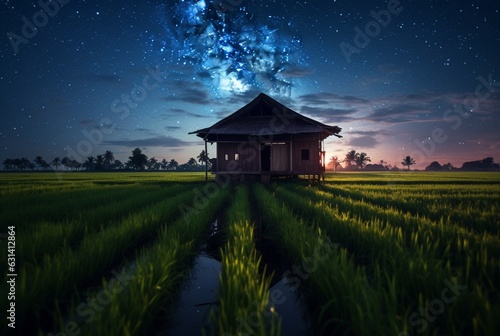landscape view of a hut in the middle of a rice field with a milky way. long exposure photography. generative ai