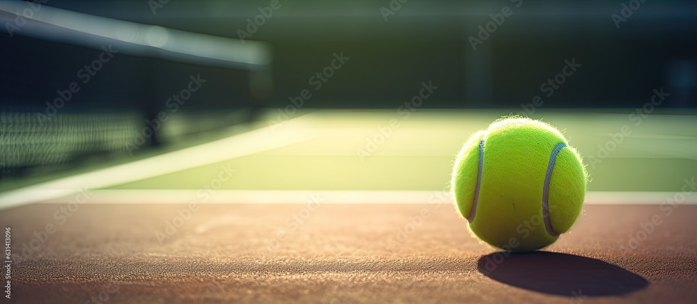A close-up picture of a tennis ball on a tennis court near the net. The image has a focused view