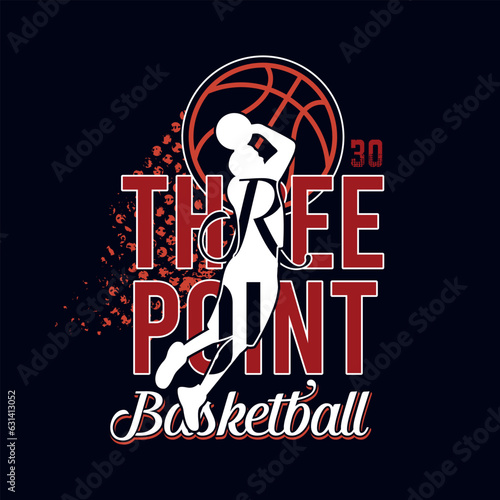 Vector Basketball THREE POINT. Sport typography, t-shirt graphics, poster, banner, flyer, print and postcard,DTF print.