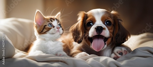 A cute King Charles Spaniel puppy hugging a kitten who is lying under a blanket and smiling. There © HN Works