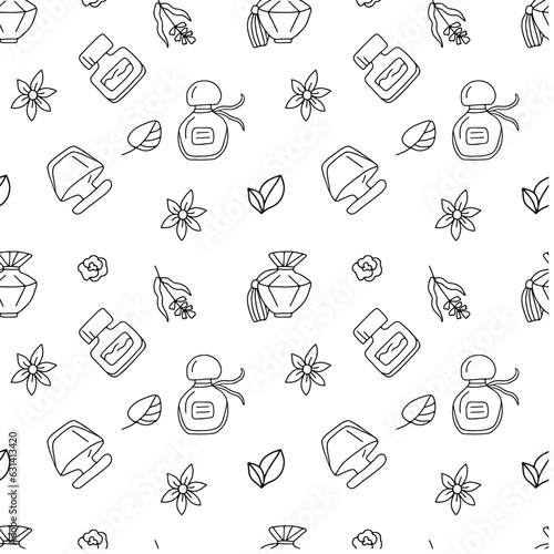 Seamless vector pattern perfume in doodle style.