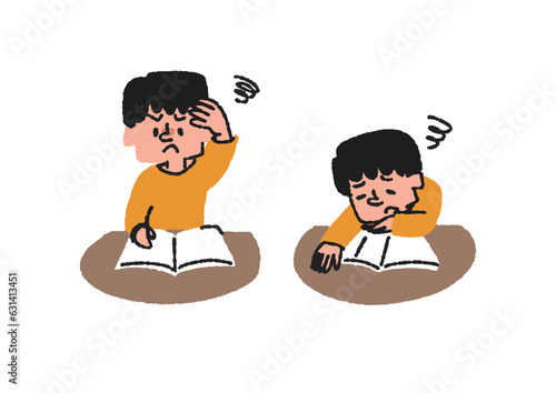 勉強をしているけど難しくてイライラしている男の子と勉強がつまらなく感じている男の子のイラストセット