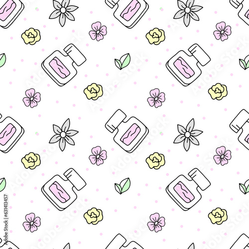 Seamless vector pattern perfume in doodle style.