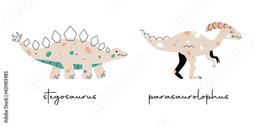 Flat hand drawn vector illustrations of dinosaurs stegosaurus and parasaurolophus