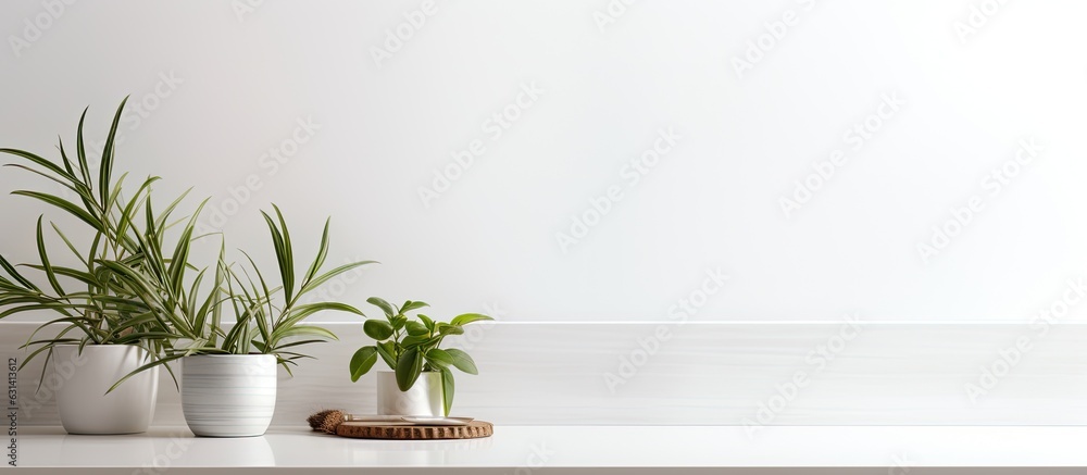 A front view image of a stylish white kitchen background is shown, featuring kitchen utensils and A front view image of a stylish white kitchen background is shown, featuring kitchen utensils and