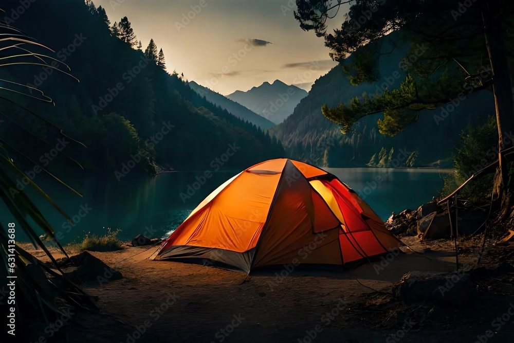 camp at night in the mountain riverside image, generative Ai image