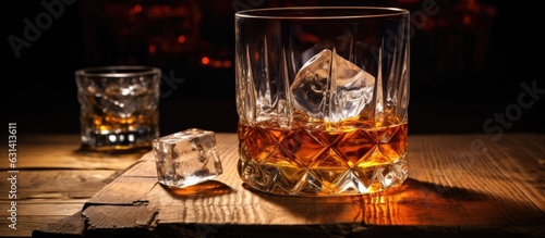 A glass containing whiskey accompanied by ice cubes rests on an aged barrel in the backdrop. The
