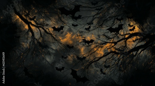 Halloween background with haunted house and bats flying in the night scary forest with full moon  vector illustration. Halloween background with bats flying in the night scary forest with full moon.