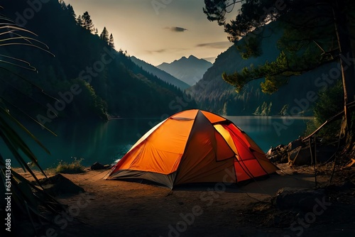 camp at night in the mountain riverside image, generative Ai image