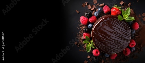 Obraz na plátně A homemade chocolate cake with dark chocolate ganache is displayed on a dark bac