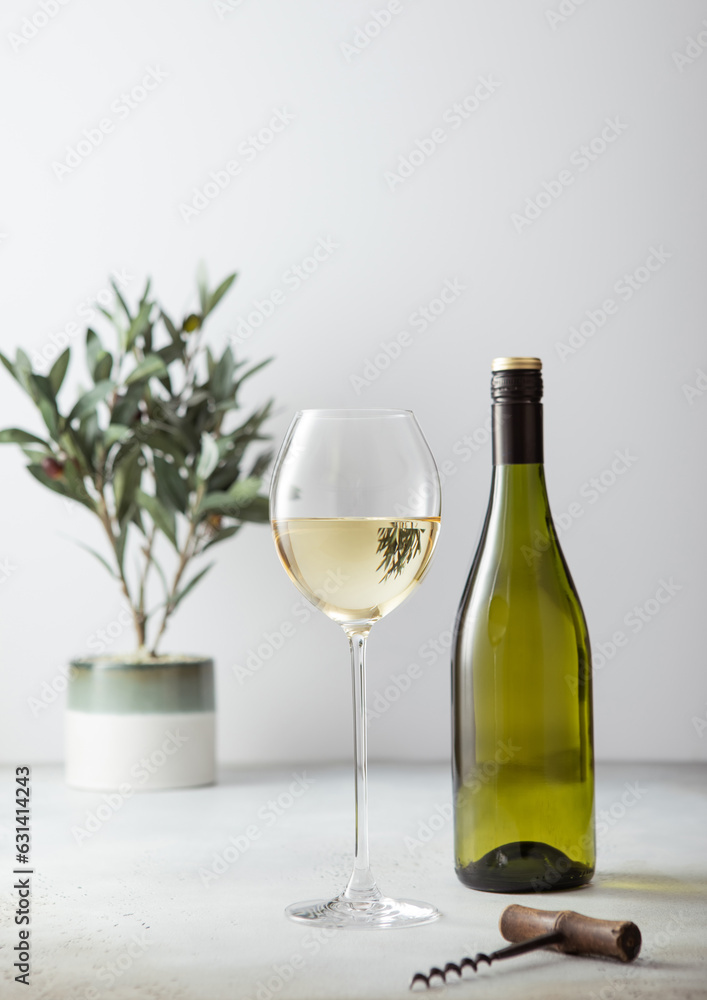 Bottle and glass of white wine and corkscrew on light background with plant. Bottle and glass of white wine and corkscrew on light background with plant.