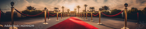 Red Carpet Rollout for a Fancy Movie Premier, Red Velvet Stanchion on Each Side, Generative AI