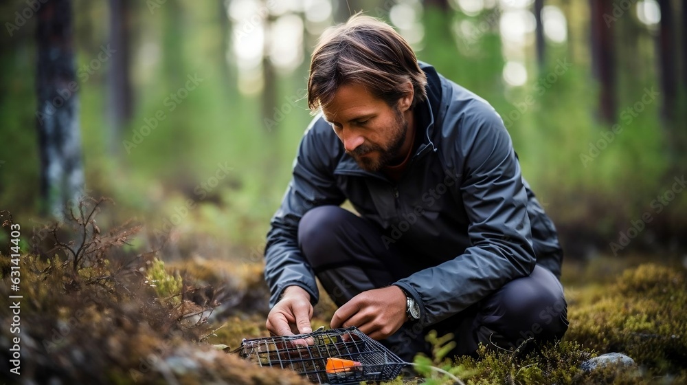 Setting a bird trap in the forest 
