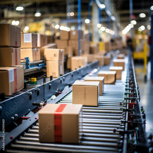 Cardboard Boxed Packages on a Belt Driven Line Roller Conveyor in a Warehouse With Shiny New Line Rollers, E-Commerce Fulfillment Center, Generative AI photo