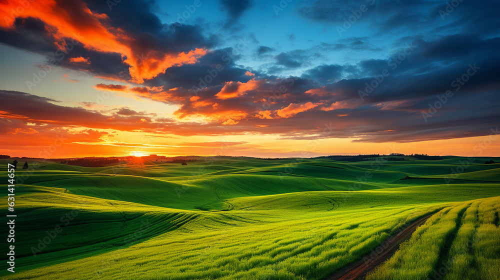 Lush Green Fields Under a Colorful Sky at Dawn 